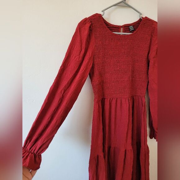 Red Peasant Dress Midi Smocked Puff Sleeve Cottagecore Tiered Maiden Milkmaid S - Picture 7 of 11